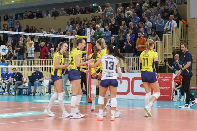 30.11.2024, xusrbx, Volleyball 1.Bundesliga Damen, VC Wiesbaden - SSC Palmberg Schwerin emspor, v.l. die Spielerinnen von SSC Palmperg Schwerin, (DFL DFB REGULATIONS PROHIBIT ANY USE OF PHOTOGRAPHS as IMAGE SEQUENCES and or QUASI-VIDEO) Wiesbaden