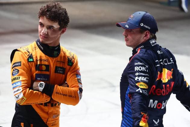 Formel 1, GP Katar in Losail, Qualifying F1 Grand Prix Of Qatar 2024 Qualifying Lando Norris of McLaren and Max Verstappen of Red Bull Racing after qualifying ahead of the Formula 1 Grand Prix of Qatar at Lusail International Circuit in Lusail, Qatar on November 30, 2024. Lusail Qatar  Copyright: xJakubxPorzyckix originalFilename:porzycki-f1grandp241130_npS9E.jpg