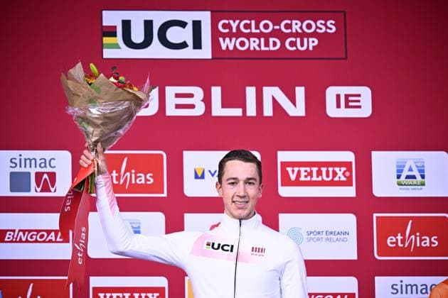 Belgian Jente Michels celebrates on the podium after winning the men s U23 race of the World Cup cyclocross cycling event in Dublin, Ireland, stage 2 (out of 12) of the UCI World Cup cyclocross competition, Sunday 01 December 2024. JASPERxJACOBS  x106940689x
