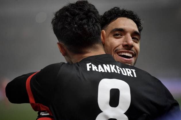 01.12.2024, xemx, Fussball 1.Bundesliga, 1.FC Heidenheim - Eintracht Frankfurt emspor, v.l. Torjubel nach dem Tor zum celebrating the goal celebrate 0:2 Fares Chaibi (Eintracht Frankfurt) Omar Marmoush (Eintracht Frankfurt) (DFL DFB REGULATIONS PROHIBIT ANY USE OF PHOTOGRAPHS as IMAGE SEQUENCES and or QUASI-VIDEO) Heidenheim