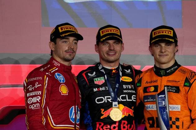 01.12.2024, Losail International Circuit, Doha, Formula 1 Qatar Airways Qatar Grand Prix 2024 ,im Bild Sieger Max Verstappen (NLD), Oracle Red Bull Racing, 2.Platz für Charles Leclerc (MCO), Scuderia Ferrari HP, 3.Platz für Oscar Piastri (AUS), McLaren F1 Team (Photo by Hasan Bratic DeFodi Images) Defodi-506_20241201_hbr_3061