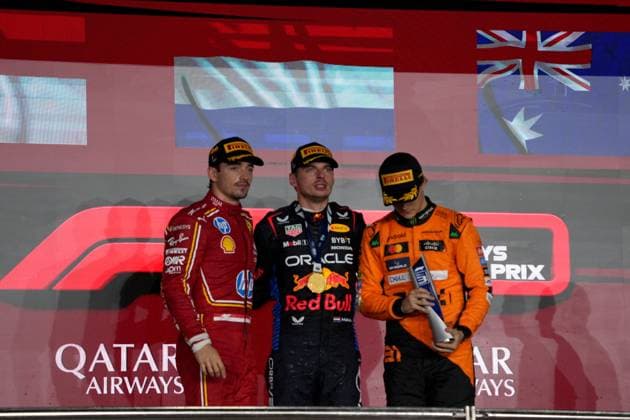 Formula 1 Qatar Airways Qatar Grand Prix 2024 01.12.2024, Losail International Circuit, Doha, Formula 1 Qatar Airways Qatar Grand Prix 2024 ,im Bild Sieger Max Verstappen (NLD), Oracle Red Bull Racing, 2.Platz für Charles Leclerc (MCO), Scuderia Ferrari HP, 3.Platz für Oscar Piastri (AUS), McLaren F1 Team