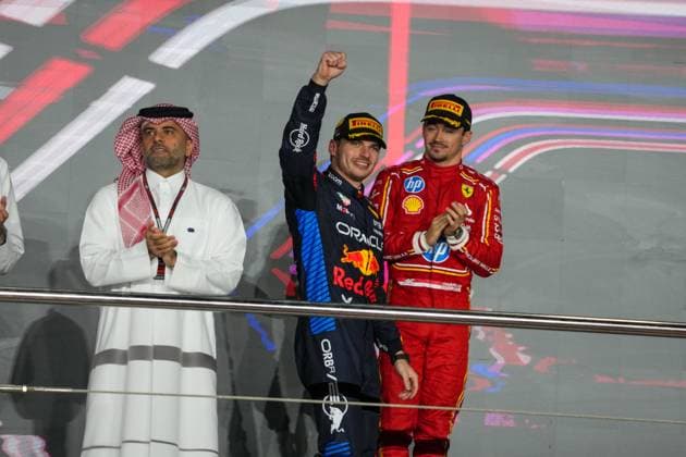Podium with Max Verstappen (NED) - Oracle Red Bull Racing - Red Bull RB20 - Honda RBP Charles Leclerc (MON) - Scuderia Ferrari - Ferrari SF-24 - Ferrar Oscar Piastri (AUS) - McLaren Formula 1 Team - McLaren MCL38 - Mercedes& xA; & xA;during the Race of 01.12.2024, Lusail International Circuit, Doha, Formula 1 Qatar Airways Qatar Grand Prix 2024& xA;  Copyright: xAlessioxDexMarco IPAxSportx xipax xx IPA_52020563 IPA_Agency_IPA52020563