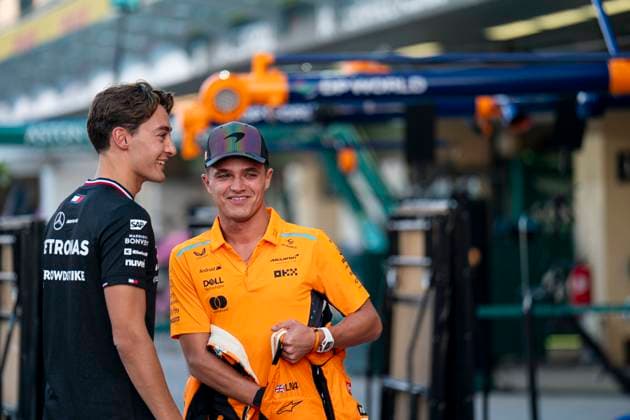 December 5, 2024, Abu Dhabi, United Arab Emirates: British driver GEORGE RUSSEL (Mercedes-AMG F1 Team) and British driver LANDO NORRIS (McLaren F1 Team) are seen during preparations of the 2024 FIA Formula 1 Abu Dhabi Grand Prix at Yas Marina Circuit in Abu Dhabi, United Arab Emirates. Abu Dhabi United Arab Emirates - ZUMAg147 20241205_fap_g147_007 Copyright: xJamesxGasperottix