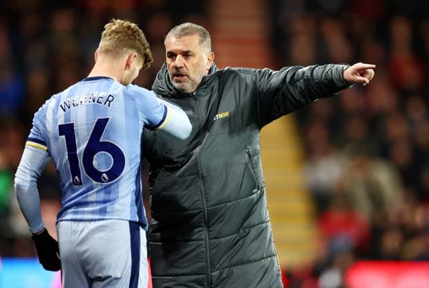 Tottenham Hotspur Manager Ange Postecoglou speaks with Timo Werner of Tottenham Hotspur. AFC Bournemouth v Tottenham Hotspur, Premier League, Football, Vitality Stadium, Bournemouth, UK - 05 Dec 2024 EDITORIAL USE ONLY No use with unauthorised audio, video, data, fixture lists, club league logos or live services. Online in-match use limited to 120 images, no video emulation. No use in betting, games or single club league player publications. Copyright: xJamesxMarsh Shutterstockx 14963333ce