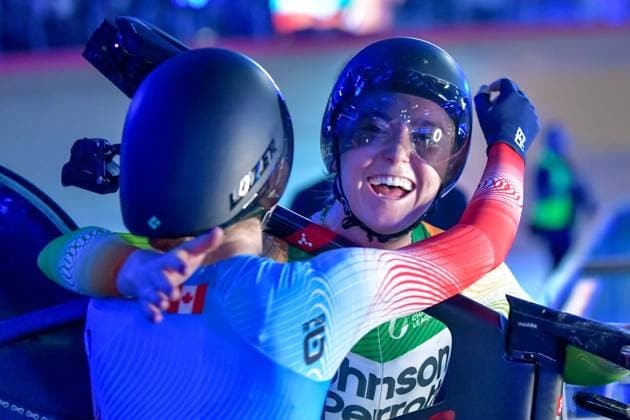 Lara Gillespie of Ireland taking the win in the women elimination acknowledges runner up Sarah Van Dam of Canada UCI Track Champions League at the Lee Valley VeloPark, London, England on 6 December 2024. Copyright: xPhilxHutchinsonx 42200006