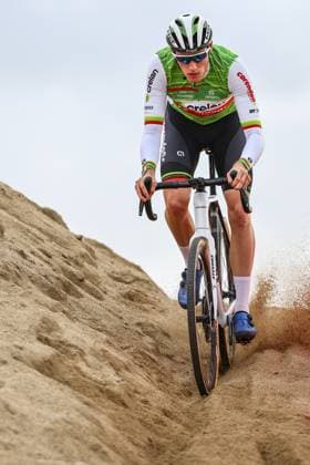 Belgian Joran Wyseure pictured in action during the preparations of the World Cup cyclocross cycling event in Cabras, Sardinia, stage 3 (out of 12) of the UCI World Cup cyclocross competition, Saturday 07 December 2024. DAVIDxPINTENS  x107543199x