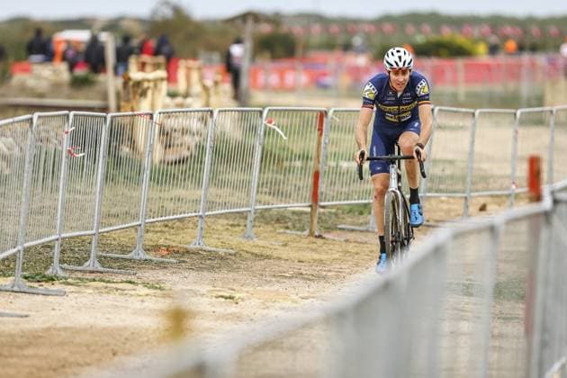 Belgian Toon Aerts pictured in action during the preparations of the World Cup cyclocross cycling event in Cabras, Sardinia, stage 3 (out of 12) of the UCI World Cup cyclocross competition, Saturday 07 December 2024. DAVIDxPINTENS  x107543238x