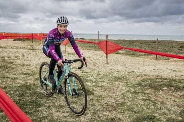 Belgian Alicia Franck pictured in action during the preparations of the World Cup cyclocross cycling event in Cabras, Sardinia, stage 3 (out of 12) of the UCI World Cup cyclocross competition, Saturday 07 December 2024. DAVIDxPINTENS  x107543458x
