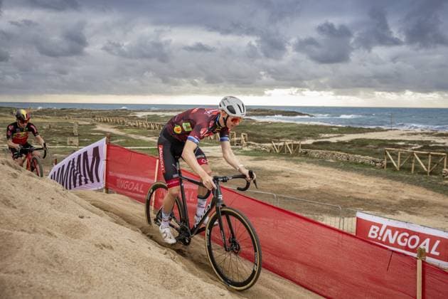 Belgian Michael Vanthourenhout and Belgian Eli Iserbyt pictured in action during the preparations of the World Cup cyclocross cycling event in Cabras, Sardinia, stage 3 (out of 12) of the UCI World Cup cyclocross competition, Saturday 07 December 2024. DAVIDxPINTENS  x107543504x