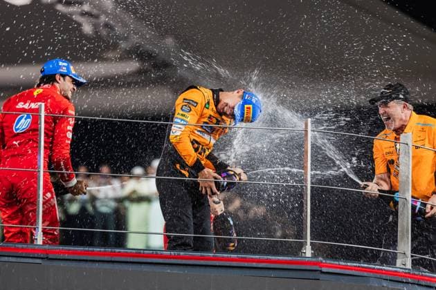 Yas Marina Circuit, Abu Dhabi, United Arab Emirates 8.December.2024; Lando Norris, Carlos Sainz and Zak Brown during Formula One Abu Dhabi GP  (275664595)