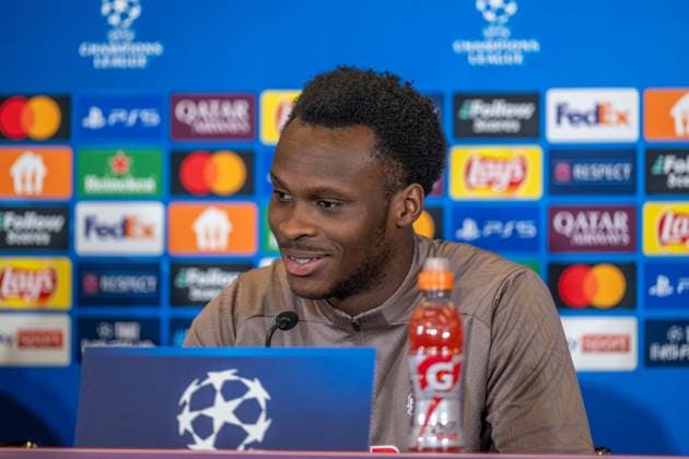 SOCCER - UEFA CL, RBS vs PSG SALZBURG,AUSTRIA,09.DEC.24 - SOCCER - UEFA Champions League, Red Bull Salzburg vs Paris Saint German, preview, press conference, PK, Pressekonferenz RBS. Image shows Samson Baidoo (RBS).  GEPAxpictures xWolfgangxKofler