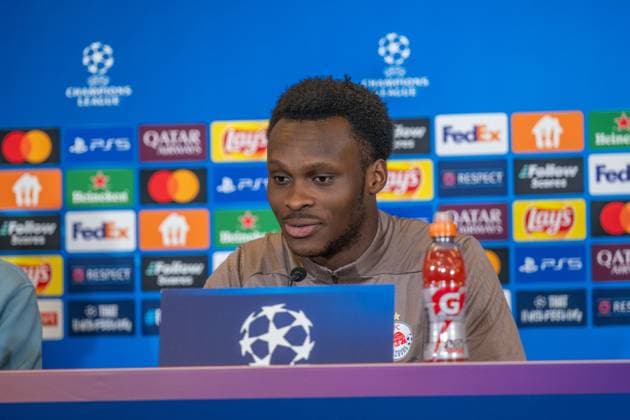 SOCCER - UEFA CL, RBS vs PSG SALZBURG,AUSTRIA,09.DEC.24 - SOCCER - UEFA Champions League, Red Bull Salzburg vs Paris Saint German, preview, press conference, PK, Pressekonferenz RBS. Image shows Samson Baidoo (RBS).  GEPAxpictures xWolfgangxKofler