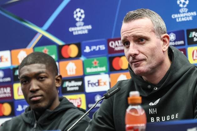 Club s Joel Ordonez and Club s head coach Nicky Hayen pictured during a press conference, PK, Pressekonferenz of Belgian Club Brugge KV, Monday 09 December 2024 in Brugge. Tomorrow, they will play against Portuguese club Sporting CP, on the sixth day of the UEFA Champions League league phase. BRUNOxFAHY  x107762956x