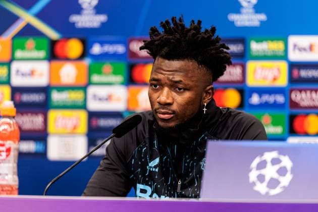 UEFA Champions League: Abschlusstraining Bayer 04 Leverkusen; 09.12.2024 Edmond Tapsoba (Bayer 04 Leverkusen, 12) während der Pressekonferenz UEFA Champions League: Abschlusstraining Bayer 04 Leverkusen vor dem Spiel gegen Inter Mailand, Leverkusen, BayArena am 09.12.2024 Copyright: xBEAUTIFULxSPORTS Wunderlx