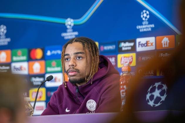 SOCCER - UEFA CL, RBS vs PSG SALZBURG,AUSTRIA,09.DEC.24 - SOCCER - UEFA Champions League, Red Bull Salzburg vs Paris Saint German, preview, press conference, PK, Pressekonferenz PSG. Image shows Bradley Barcola (PSG).  GEPAxpictures xWolfgangxKofler