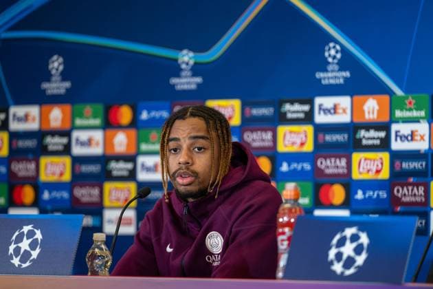 SOCCER - UEFA CL, RBS vs PSG SALZBURG,AUSTRIA,09.DEC.24 - SOCCER - UEFA Champions League, Red Bull Salzburg vs Paris Saint German, preview, press conference, PK, Pressekonferenz PSG. Image shows Bradley Barcola (PSG).  GEPAxpictures xWolfgangxKofler