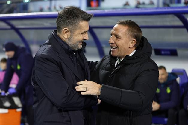 GNK Dinamo v Celtic FC - UEFA Champions League 2024 25 League Phase MD6 ZAGREB, CROATIA - DECEMBER 10: Dinamo Head Coach Nenad Bjelica embraces Celtic Head Coach Brendan Rodgers prior UEFA Champions League League Phase MD6 match between Dinamo Zagreb and Celtic at Stadion Maksimir on December 10, 2024 in Zagreb, Croatia.  GoranxStanzl PIXSELL