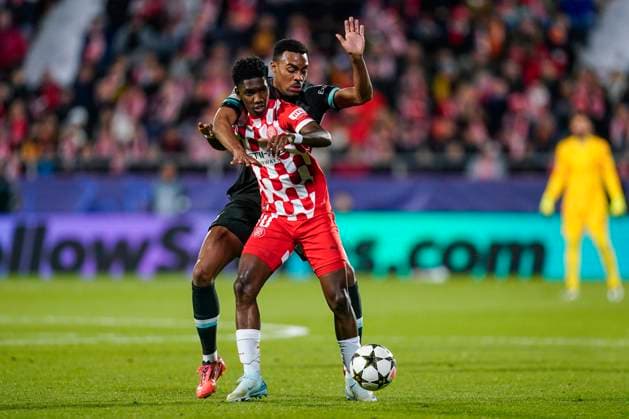 ESP: Girona FC v Liverpool FC. UEFA Champions League match. Date 6 Yaser Asprilla of Girona FC and Ryan Gravenberch of Liverpool FC during the UEFA Champions League match, date 6, between Girona FC and Liverpool FC played at Montilivi Stadium on December 10 2024 in Barcelona Spain. kpng Copyright: xSergioxRuizx xImagox PS_241210_GIR_LIV_036