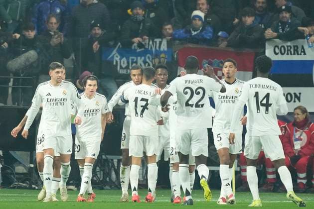 Atalanta BC v Real Madrid C.F. - UEFA Champions League 2024 25 League Phase MD6 Kylian Mbappe centre-forward of Real Madrid and France celebrates after scoring his sides first goal during the UEFA Champions League 2024 25 League Phase MD6 match between Atalanta BC and Real Madrid C.F. at Stadio di Bergamo on December 10, 2024 in Bergamo, Italy. Bergamo Italy  Copyright: xJosexBretonx originalFilename:bretonhernandez-atalanta241210_npeI4.jpg