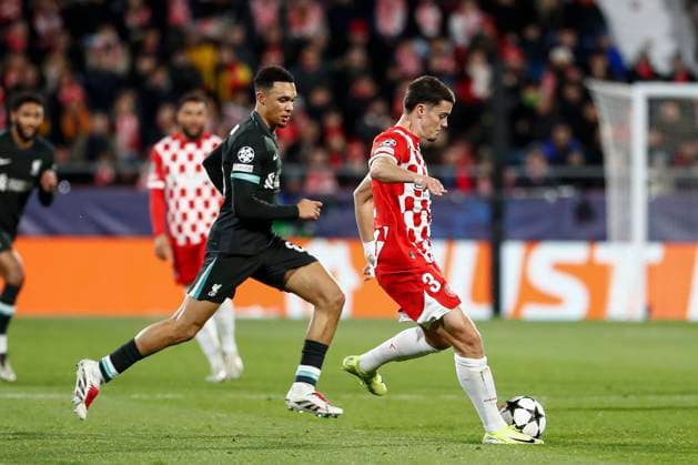 December 10, 2024, Girona, Girona, SPAIN: Trent Alexander-Arnold of Liverpool FC and Miguel Gutierrez of Girona FC in action during the UEFA Champions League 2024 25 League Phase MD6, match between Girona FC and Liverpool FC at Estadi de Montilivi on December 10, 2024 in Girona, Spain. Girona SPAIN - ZUMAa181 20241210_zaa_a181_122 Copyright: xIrinaxR.xHipolitox