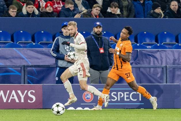 UEFA Champions League: FC Shakhtar Donetsk - FC Bayern München; 10.12.2024 Konrad Laimer (FC Bayern München, 27), Kevin (FC Shakhtar Donetsk, 37) UEFA Champions League: FC Shakhtar Donetsk - FC Bayern München; Arena AufSchalke, Gelsenkirchen; 10.12.2024 Copyright: xBEAUTIFULxSPORTS Buriakovx