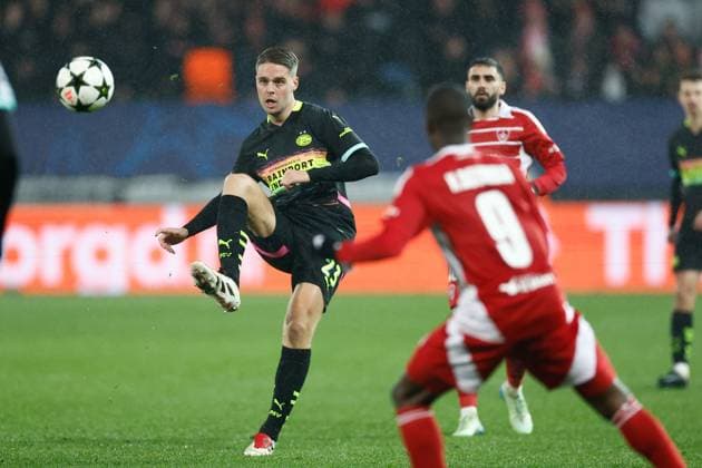 GUINGAMP, 10-12-2024. Stade de Roudourou. UEFA Champions League season 2024 25, match between PSV and Stade Brest 29, PSV player Joey Veerman Brest - PSV  x26977808x Copyright:
