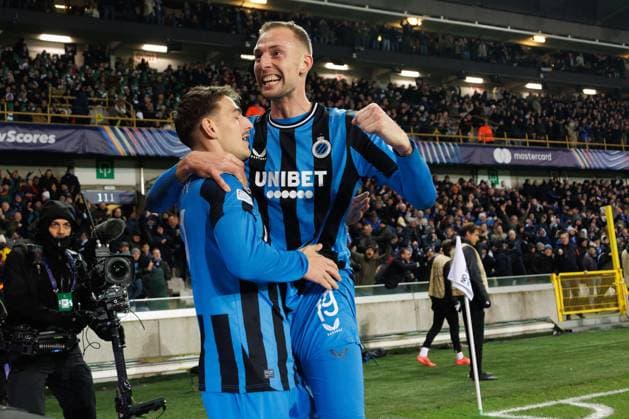 Club s Casper Nielsen and Club s Gustaf Nilsson celebrate after scoring during a soccer game between Belgian Club Brugge KV and Portuguese club Sporting CP, Tuesday 10 December 2024 in Brugge, on the sixth day of the UEFA Champions League league phase. KURTxDESPLENTER  x107901819x