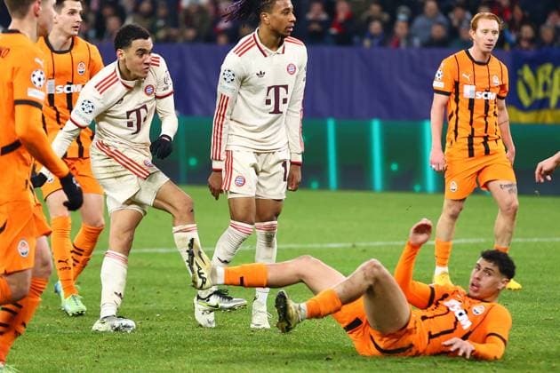 Tor zum 1:4 von Jamal Musiala 42 (FC Bayern Muenchen) FC Shakhtar Donetsk vs. FC Bayern Muenchen, Fussball, UEFA Champions League, 6. Spieltag, 10.12.2024 Foto: kolbert-press Ant Palmer Arena AufSchalke NRW Deutschland