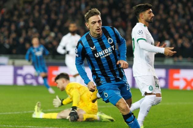 Club s Casper Nielsen celebrates after scoring during a soccer game between Belgian Club Brugge KV and Portuguese club Sporting CP, Tuesday 10 December 2024 in Brugge, on the sixth day of the UEFA Champions League league phase. KURTxDESPLENTER  x107901909x