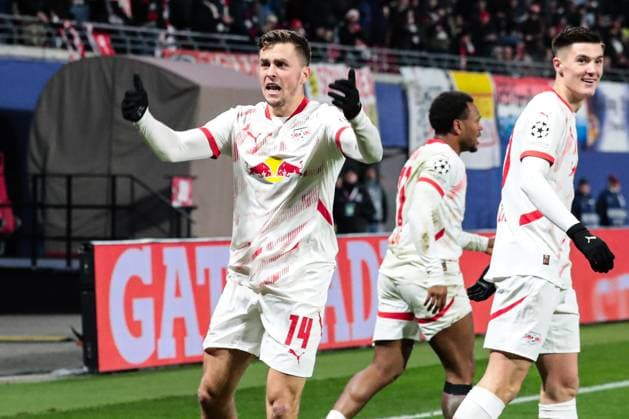 Torjubel - Torschütze Christoph Baumgartner (RB Leipzig,14) trifft zum 2-2 - Champions League Ligaphase Saison 2024-2025 RB Leipzig vs. Aston Villa in der Red Bull Arena in Leipzig - Aktion,Fussball,Deutschland,Mann,Männer,10.12.2024
