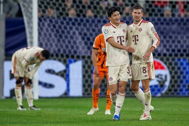 10.12.2024, Fußball, UEFA Champions League, Schachtar Donezk - FC Bayern München, Arena AufSchalke Gelsenkirchen, 8. Spieltag Saison 2024 2025: Min-jae Kim (Bayern 3) und Leon Goretzka (Bayern 8) liegen sich glücklich in den Armen DFB regulations prohibit any use of photographs as image sequences and or quasi-video. Nordrhein-Westfalen Deutschland