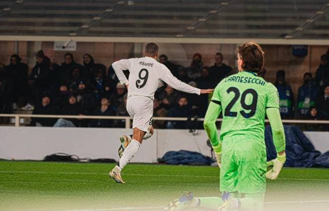 December 10, 2024, Bergamo, Milan, Italy: UEFA Champions League soccer match Atalanta BC vs Real Madrid CF,2024-25 game at Gewiss Stadium in Bergamo (BG), Italy Kylian Mbappe celebrates a goal 900 Cordon Press  900 CordonxPress LOF - Champions League: Atalanta vs Real Madrid