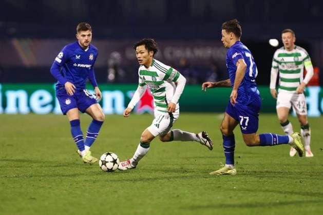 Zagreb, 10.12.2024. - Maksimir Stadium, UEFA CHAMPIONS LEAGUE - 2024 25, League phase, Matchday 6, GNK Dinamo - Celtic. Reo Hatate (41) between Martin Baturina (10) and Dario Å pikiÄ‡ (77) 