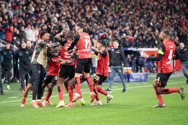 Nordi MUKIELE (LEV) jubelt nach seinem Tor zum 1:0, Jubeltraube, Jubel, jubeln, Freude, cheers, Fussball Champions League, 6. Spieltag, Bayer 04 Leverkusen (LEV) - Inter Mailand (Inter) 1:0 am 10.12.2024 in Leverkusen Deutschland. UEFA regulations prohibit any use of photographs as image sequences and or quasi-video Â