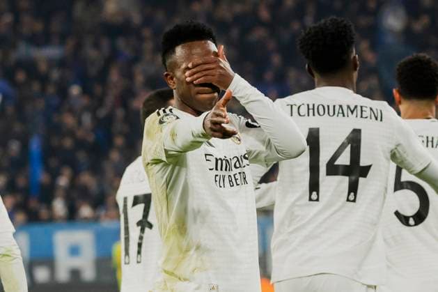 Atalanta BC V Real Madrid - UEFA Champions League 2024 25 Vinicius Junior celebrates the goal during the UEFA Champions League 2024 25 match between Atalanta BC and Real Madrid in Bergamo, Italy, on December 10, 2024, at Gewiss Stadium. Bergamo Italy  Copyright: xMairoxCinquettix originalFilename:cinquetti-atalanta241210_npAJ3.jpg