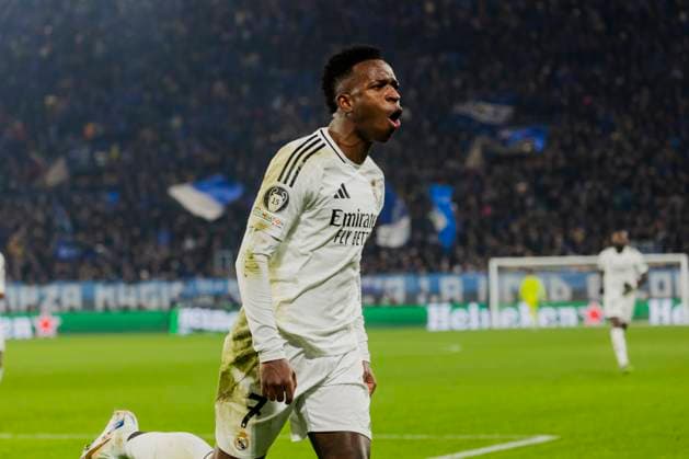 Atalanta BC V Real Madrid - UEFA Champions League 2024 25 Vinicius Junior celebrates the goal during the UEFA Champions League 2024 25 match between Atalanta BC and Real Madrid in Bergamo, Italy, on December 10, 2024, at Gewiss Stadium. Bergamo Italy  Copyright: xMairoxCinquettix originalFilename:cinquetti-atalanta241210_npKHW.jpg
