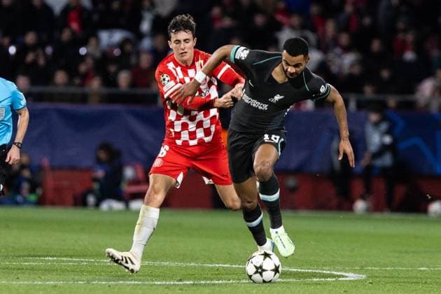 December 10, 2024, Barcelona, Barcelona, Spain: Frances L of Girona and Cody Gackpo R of Liverpool seen in action during the match of matchday 2 to UEFA Champions League between Girona F.C and Liverpool F.C at Estadi Montilivi. Finals score; Girona F.C : Liverpool F.C Barcelona Spain - ZUMAs316 20241210_znp_s316_082 Copyright: xMartixSeguraxRamonedax