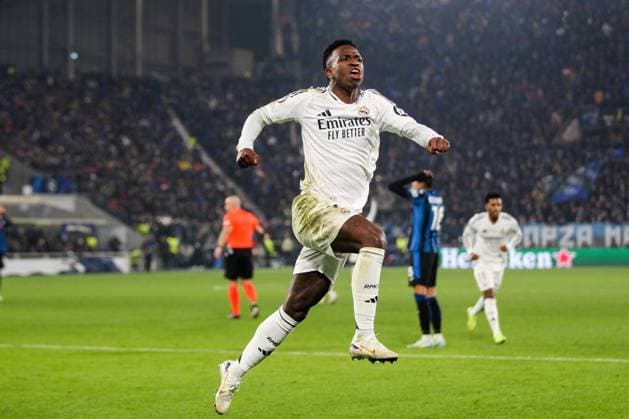 CALCIO - UEFA Champions League - Atalanta BC vs Real Madrid Vinicio Junior(Real Madrid CF)celebrates his goal 2-1, 6Â° Matchday UEFA Champions League , Atalanta BC vs Real Madrid CF,2024-25 game at Gewiss Stadium in Bergamo (BG), Italy, 10.12.2024.Photo by Marius Bunduc LiveMedia Bergamo Italy  Copyright: xIPAxSport ABACAx