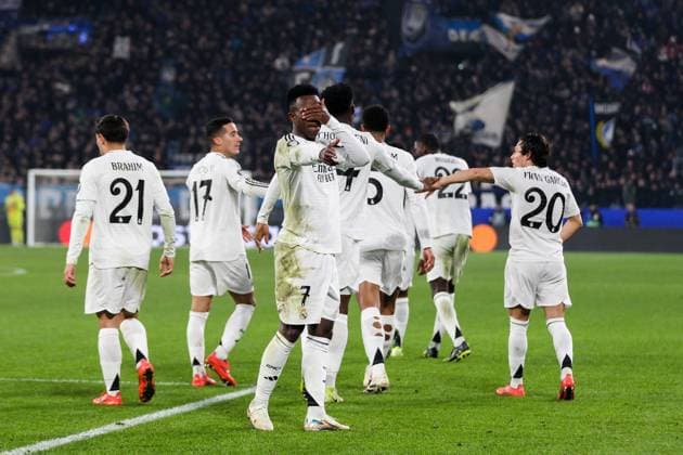 CALCIO - UEFA Champions League - Atalanta BC vs Real Madrid Vinicio Junior(Real Madrid CF)celebrates his goal 2-1, 6Â° Matchday UEFA Champions League , Atalanta BC vs Real Madrid CF,2024-25 game at Gewiss Stadium in Bergamo (BG), Italy, 10.12.2024.Photo by Marius Bunduc LiveMedia Bergamo Italy  Copyright: xIPAxSport ABACAx