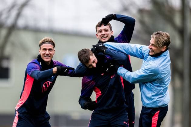 241211 Erik Botheim, Lasse Berg Johnsen, Colin Rösler and Jens Stryger Larsen of Malmö FF during a UEFA Europa League training session on December 11, 2024 in Malmö. Photo: Petter Arvidson BILDBYRAN kod PA PA0938 fotboll football soccer fotball uefa europa league träning practice training malmö ff bbeng Copyright: PETTERxARVIDSON BB241211PA006