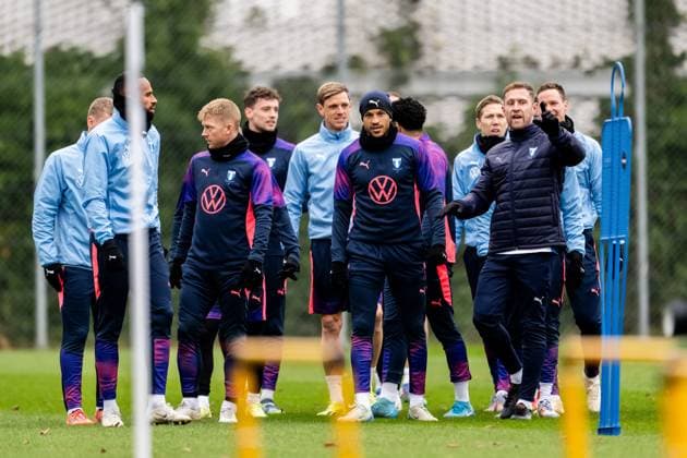 241211 Isaac Kiese Thelin, Anders Christiansen, Soren Rieks and Martin Olsson of Malmö FF during a UEFA Europa League training session on December 11, 2024 in Malmö. Photo: Petter Arvidson BILDBYRAN kod PA PA0938 fotboll football soccer fotball uefa europa league träning practice training malmö ff bbeng Copyright: PETTERxARVIDSON BB241211PA027