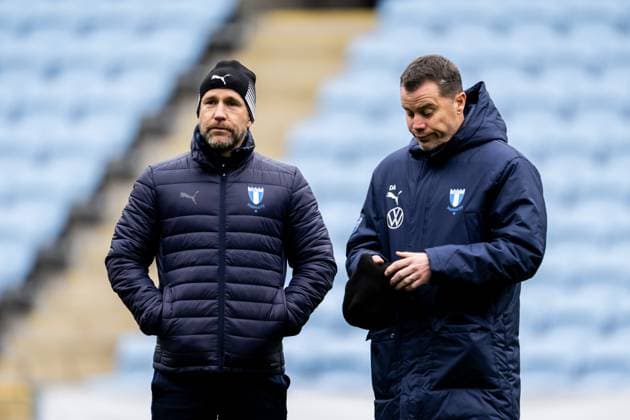 241211 Head coach Henrik Rydström and Sports director Daniel Andersson of Malmö FF during a UEFA Europa League training session on December 11, 2024 in Malmö. Photo: Petter Arvidson BILDBYRAN kod PA PA0938 fotboll football soccer fotball uefa europa league träning practice training malmö ff bbeng Copyright: PETTERxARVIDSON BB241211PA065