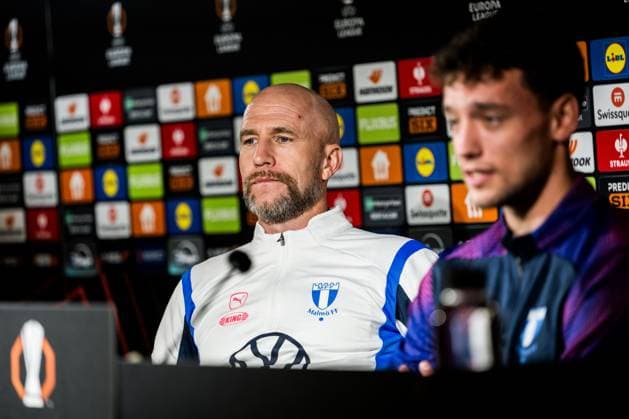 241211 Head coach Henrik Rydström and Colin Rösler of Malmö FF during a UEFA Europa League press conference, PK, Pressekonferenz on December 11, 2024 in Malmö. Photo: Petter Arvidson BILDBYRAN kod PA PA0939 fotboll football soccer fotball uefa europa league presskonferens press conference malmö ff bbeng Copyright: PETTERxARVIDSON BB241211PA073