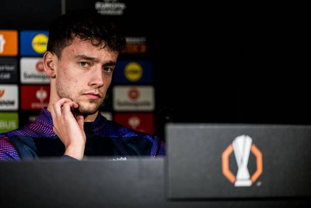 241211 Colin Rösler of Malmö FF during a UEFA Europa League press conference, PK, Pressekonferenz on December 11, 2024 in Malmö. Photo: Petter Arvidson BILDBYRAN kod PA PA0939 fotboll football soccer fotball uefa europa league presskonferens press conference malmö ff bbeng Copyright: PETTERxARVIDSON BB241211PA076