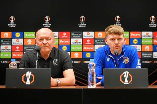 From left head coach Miroslav Koubek and soccer player of Viktoria Plzen Pavel Sulc speak during the press conference, PK, Pressekonferenz prior to Football Europa League 6th round match: Viktoria Plzen vs Manchester United, ManU in Pilsen, Czech Republic, December 11, 2024. (CTKxPhoto MiroslavxChaloupka) CTKPhotoP2024121105156  CTKPhotoP2024121105156