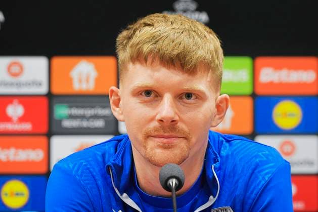 Soccer player of Viktoria Plzen Pavel Sulc speaks during the press conference, PK, Pressekonferenz prior to Football Europa League 6th round match: Viktoria Plzen vs Manchester United, ManU in Pilsen, Czech Republic, December 11, 2024. (CTKxPhoto MiroslavxChaloupka) CTKPhotoP2024121105159  CTKPhotoP2024121105159