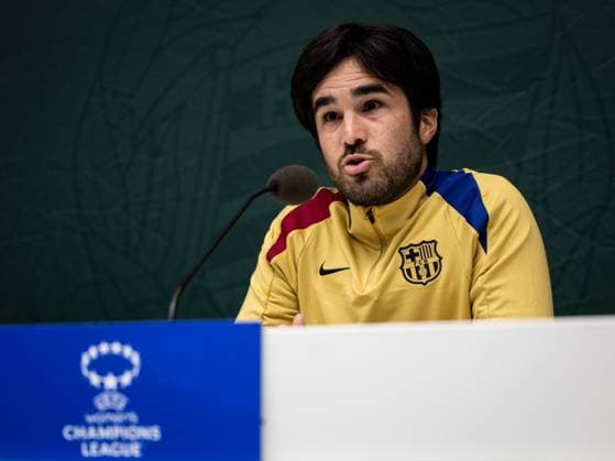 241211 Pere Romeu head coach of FC Barcelona, Barca gives a press conference, PK, Pressekonferenz on December 11, 2024 in Stockholm. Photo: Michael Campanella BILDBYRAN COP 313 MC0118 fotboll football soccer fotball damn uefa womens champions league barcelona femini press conference training bbeng Copyright: MICHAELxCAMPANELLA BB241211MC008