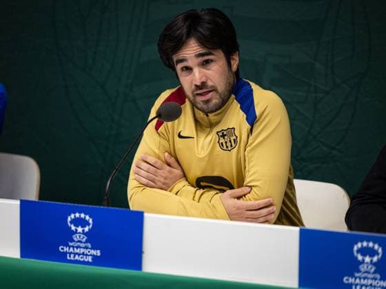 241211 Pere Romeu head coach of FC Barcelona, Barca gives a press conference, PK, Pressekonferenz on December 11, 2024 in Stockholm. Photo: Michael Campanella BILDBYRAN COP 313 MC0118 fotboll football soccer fotball damn uefa womens champions league barcelona femini press conference training bbeng Copyright: MICHAELxCAMPANELLA BB241211MC021