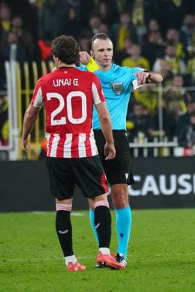 Referee Irfan Peljto show yellow card to Unai Gomez Etxebarria of Athletic Bilbao during the UEFA Europa League 2024 25 League Phase MD6 match between Fenerbahce SK and Athletic Club at on December 11, 2024 in Istanbul, Turkey. (Photo by Seskimphoto ) Fenerbahce v Athletic Bilbao - UEFA Europa League 